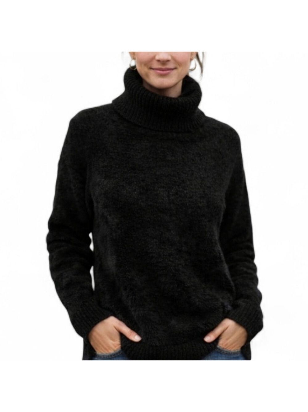 Lands' End Black Eyelash Knit Turtleneck Sweater Ribbed Trim Size M